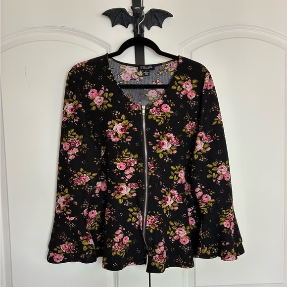 Tops - Goth Black & Floral Zipper Front Comfortable Material Bell Sleeve Cuff 2X-3X